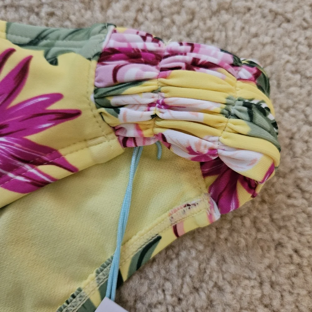 Kona Sol Yellow and Pink Floral Bikini Swimsuit Bottoms Women's Medium M New